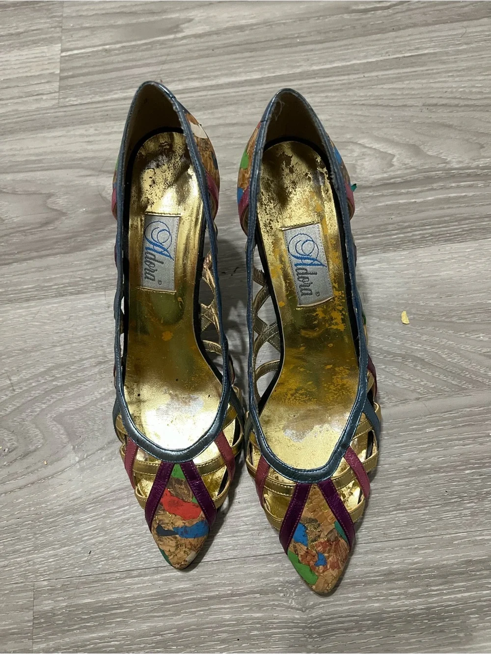Adora Vintage Metallic Heels Strappy  Cork Mosaic Size 7 M  Colorful Shoes Y2K